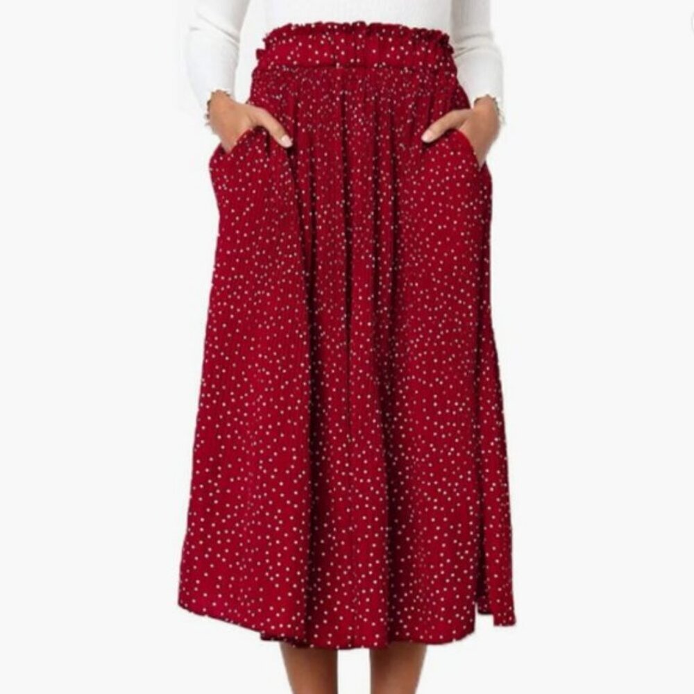 Exlura Size S Brick Red with White Abstract Polka Dot Midi Skirt, Exc. Used Cond